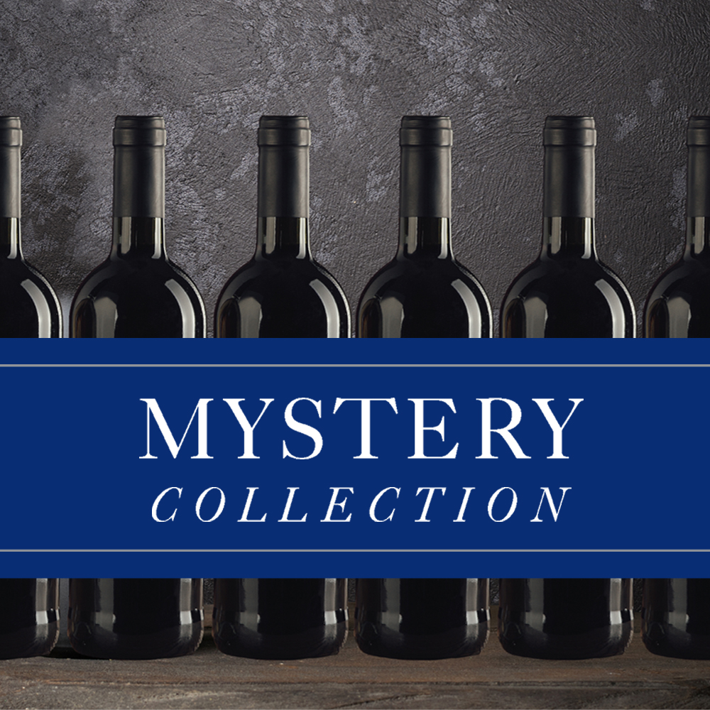 Six wine bottles on a wood table with labels obstructed by a blue banner reading Mystery Collection