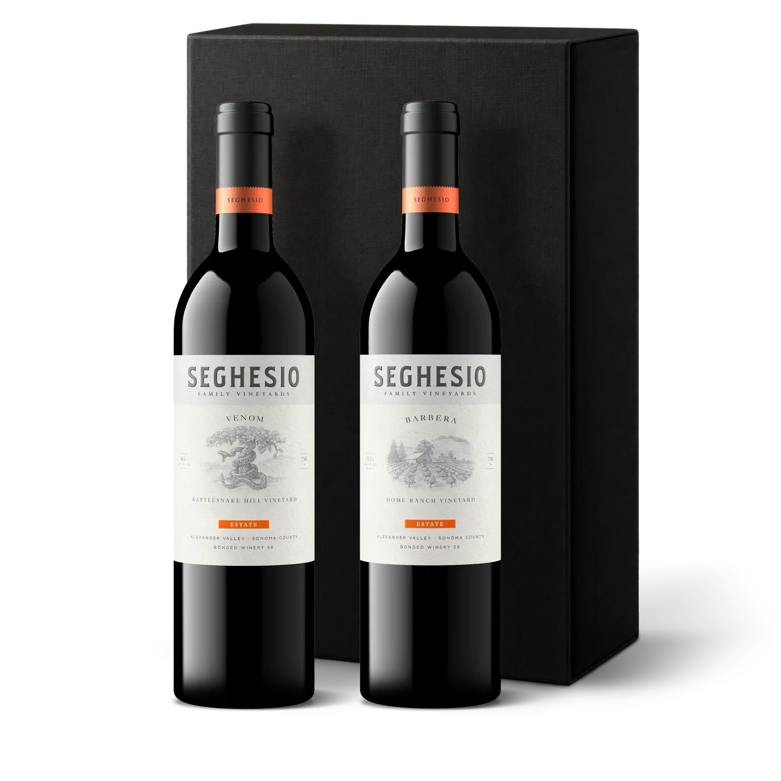 Two bottles of Seghesio wine with white labels, black and orange caps, and a black gift box in the background. The bottles are labeled Venom and Barbera—an exquisite Premiere Sonoma Zinfandels 2-Bottle Gift set perfect for any wine enthusiast.