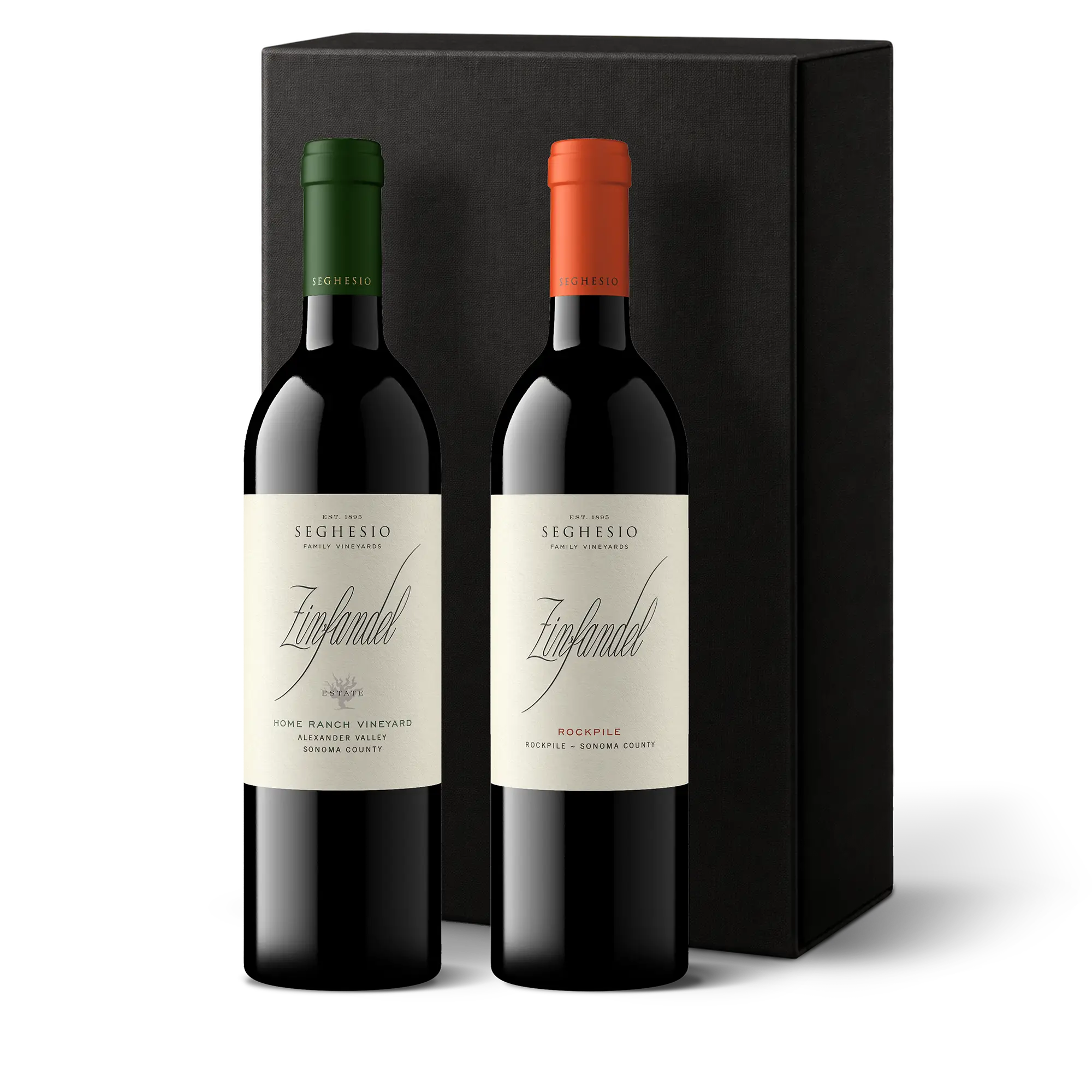 Two bottles of Seghesio Zinfandel wine, one with a green cap and one with an orange cap, are placed in front of a black box on a white background—an elegant presentation perfect for a Premiere Sonoma Zinfandels 2-Bottle Gift.