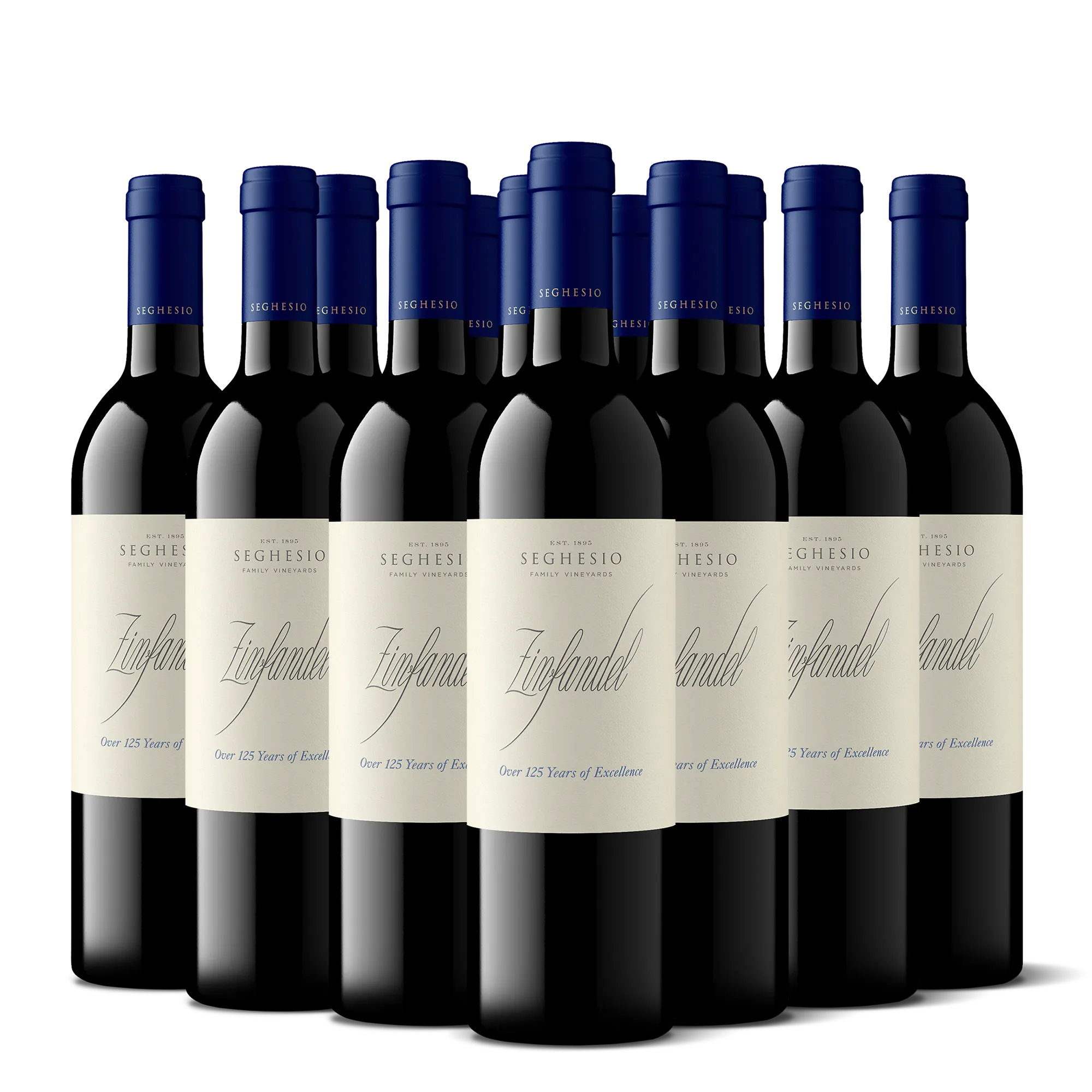 Eleven bottles of Seghesio Zinfandel wine with navy blue caps are arranged in a group on a white background. The cream labels feature elegant black script and gold text, perfectly capturing the refined style of Premiere Sonoma Zinfandels 2-Bottle Gift selections.