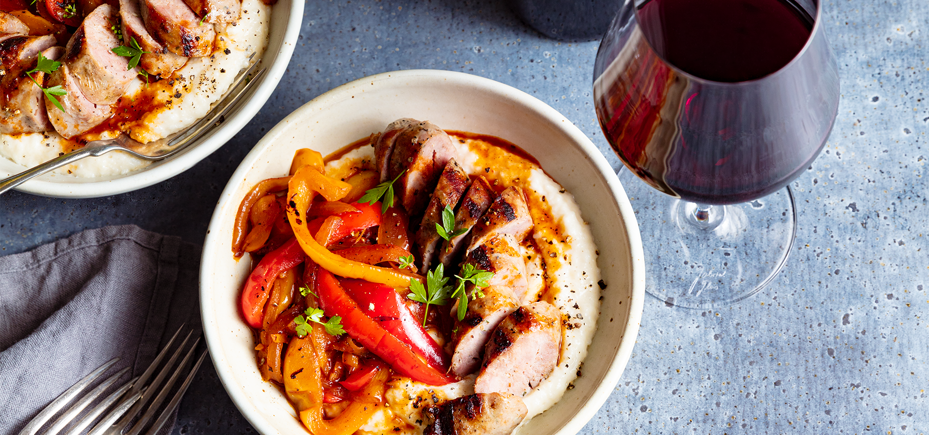 Sweet Italian Sausage with Polenta Bianca and Peperonata