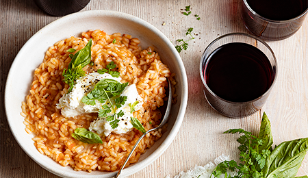 End of Summer Tomato Risotto with Burrata and Extra Virgin Olive Oil