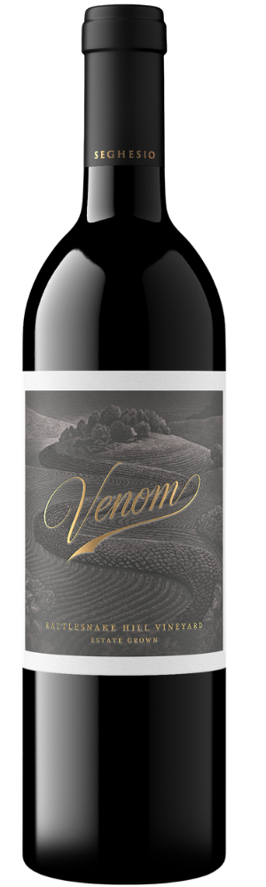 Bottle of Seghesio Venom red wine with a label featuring a hillside vineyard illustration and gold lettering.