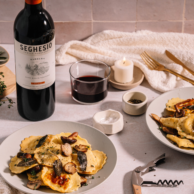 Picture of Barbera wine bottle with Mushroom Ravioli