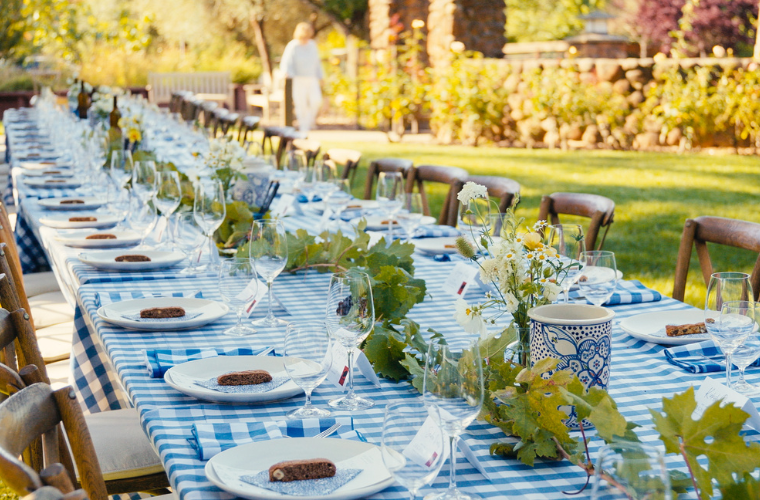 A long outdoor table with a blue-checkered tablecloth is set with plates, glasses, and green leaf decorations. Sunlight brightens the scene, and a person walks in the blurred background amid greenery.