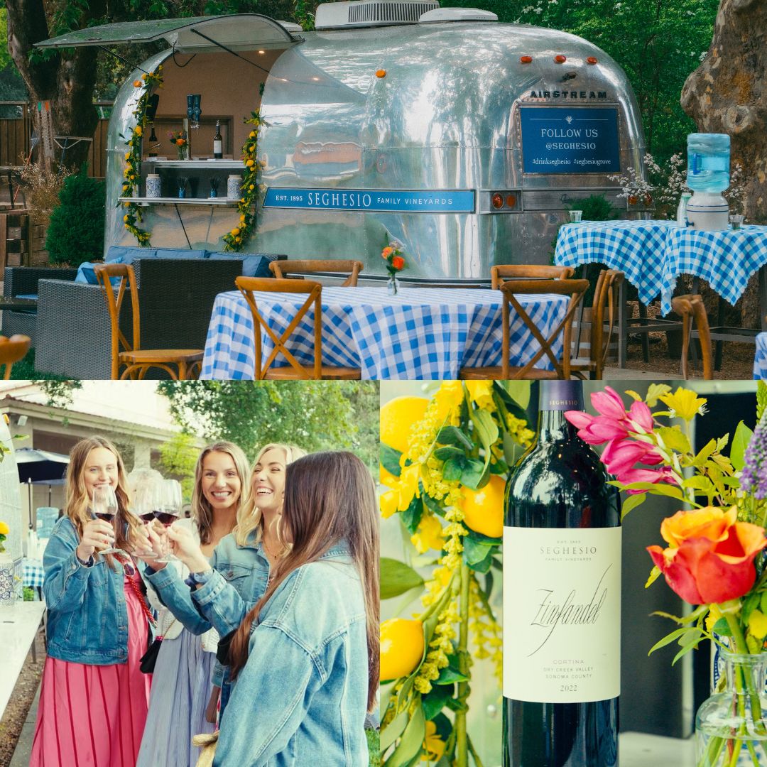 collage image for our Italian brunch event. Includes a picture of women enjoying some wine together, a close up shot of our cortina wine bottle and a picutre of our aistream with picnic tables infront of it.