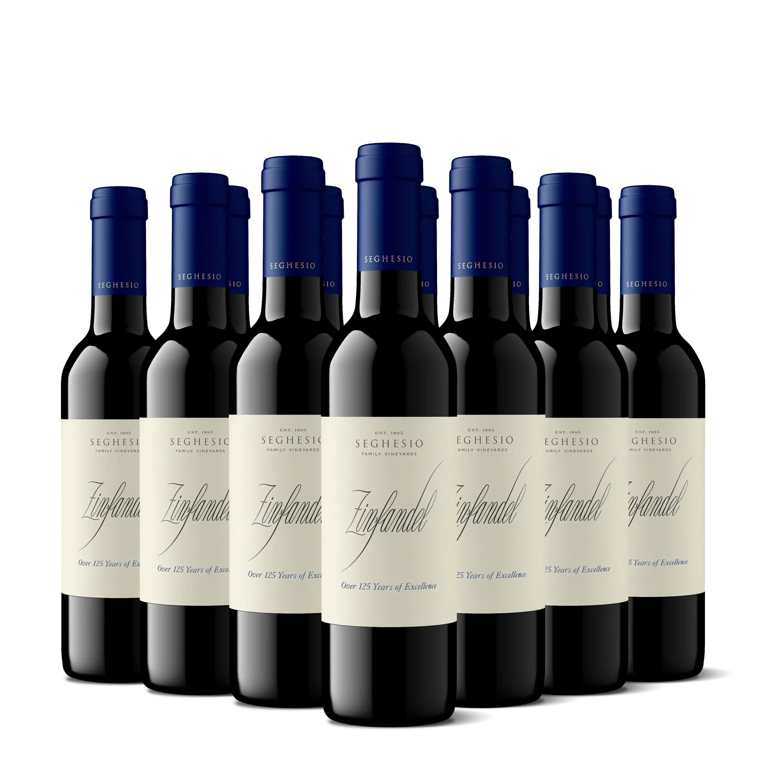 Ten bottles from the 2022 Sonoma Zinfandel Collection by Seghesio, each capped in blue, are arranged in rows against a white background. The cream-colored labels feature elegant text, highlighting the sophistication of this remarkable selection.