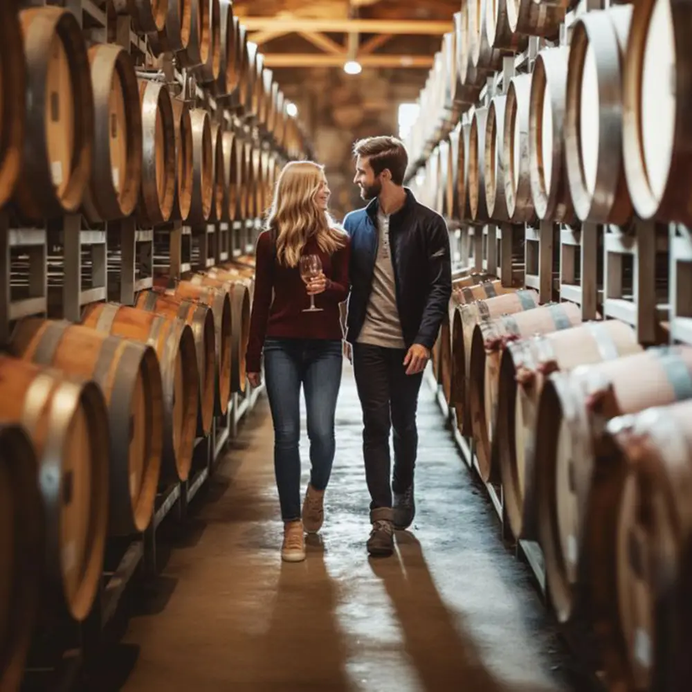 A smiling couple walks together between rows of large wooden wine barrels in a winery, with the woman holding a glass of wine. Warm lighting adds a cozy atmosphere to the scene.