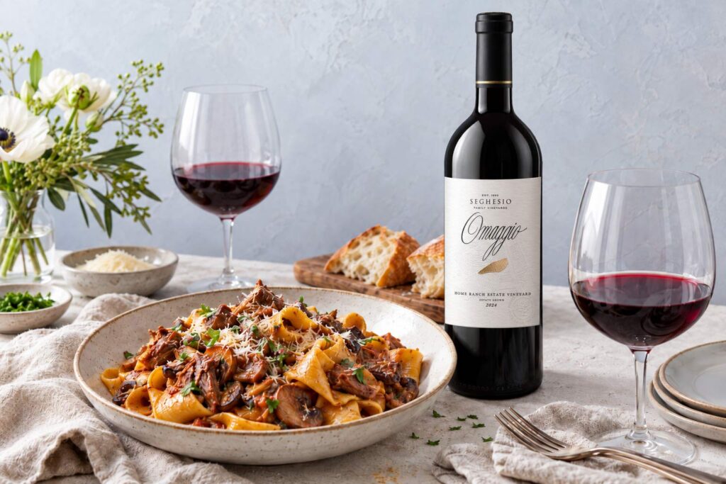 A table set with Crispy Sage with Brown Butter Mushroom Ravioli in a bowl, a bottle of red wine, two filled wine glasses, slices of bread, and a small vase of flowers on a neutral tablecloth.