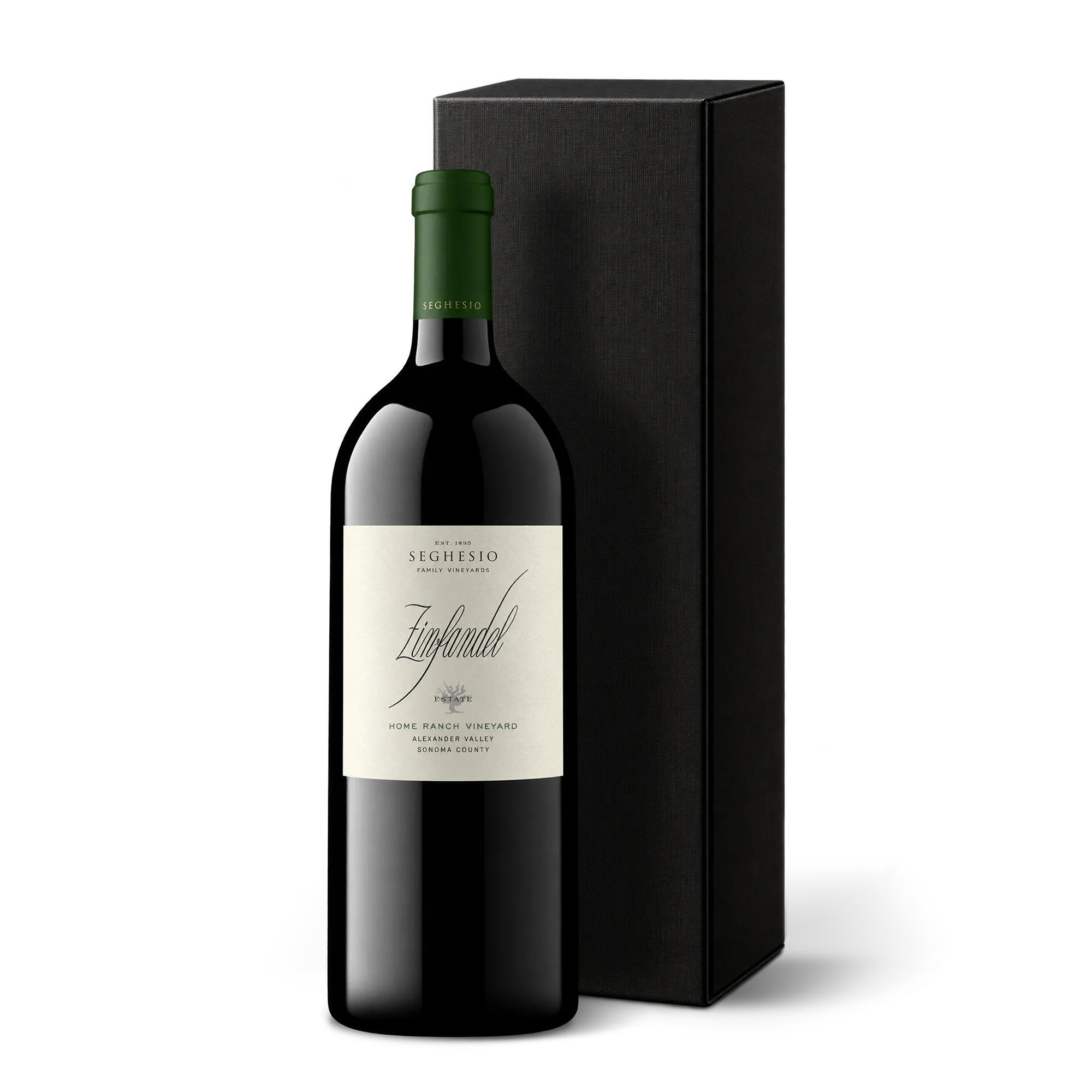 A dark wine bottle with a green cap and a white label reading Home Ranch Zinfandel stands next to a tall, black rectangular box, both set against a plain white background—an elegant magnum gift for any occasion.