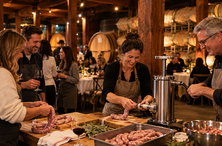A group of people in aprons working together to make sausages in a rustic winery setting.