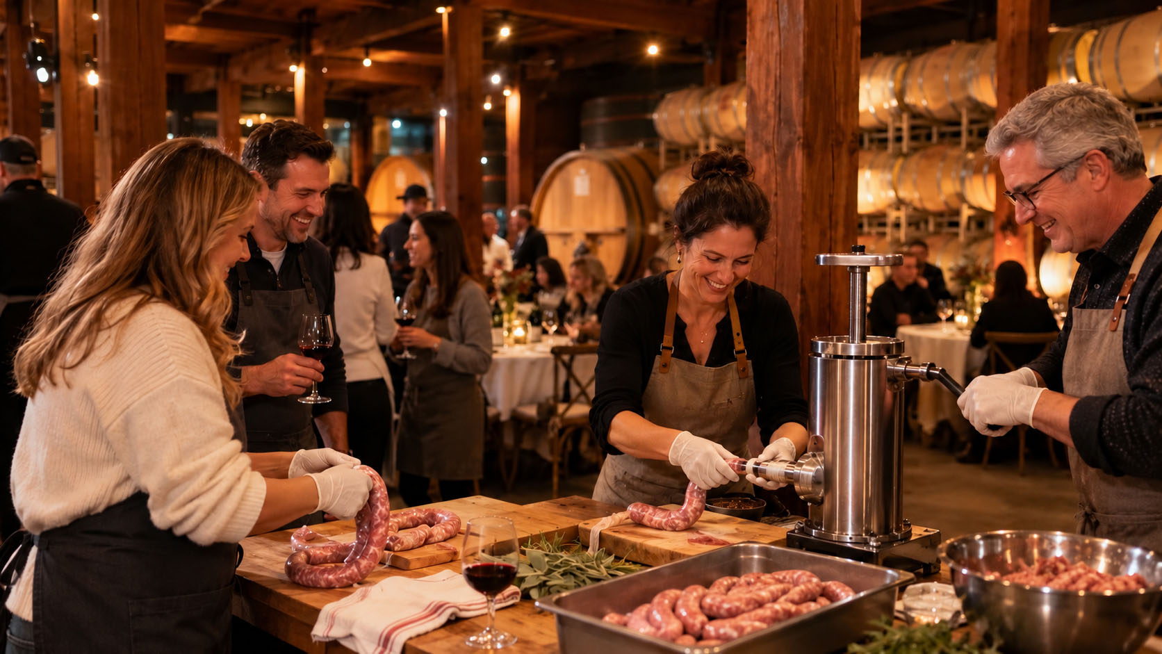 Four people wearing aprons work together at a wooden table to make sausages using a manual stuffer in a winery or cellar.
