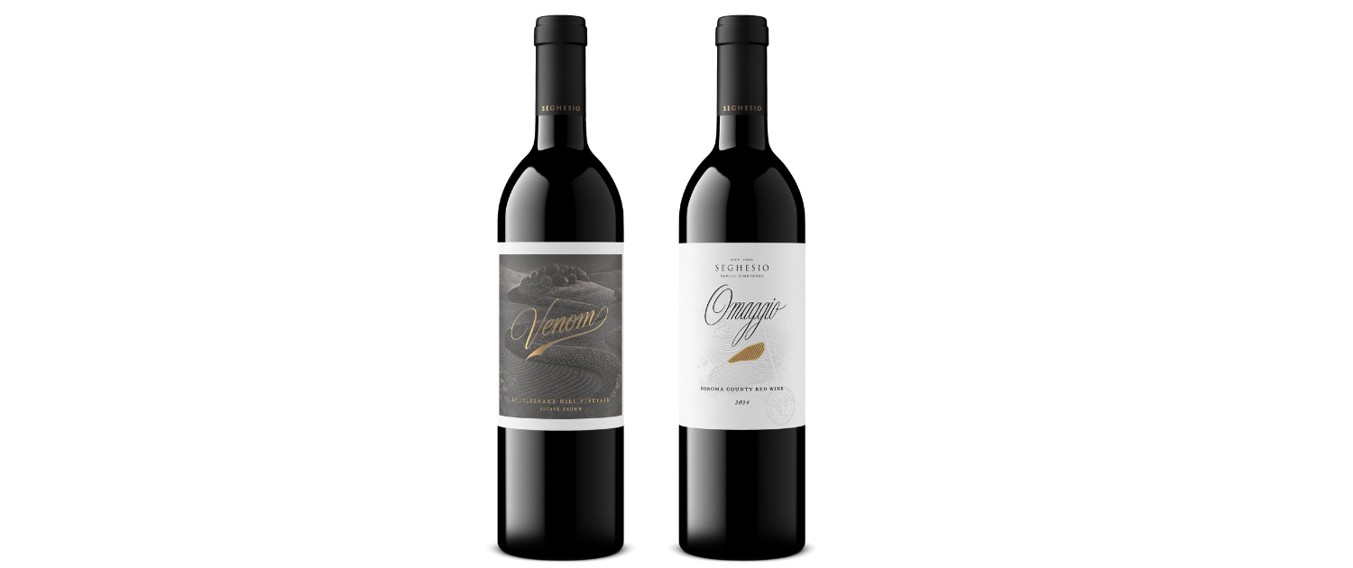 Two bottles of Seghesio wine, Venom and Omaggio, often highlighted in wine club newsletters.